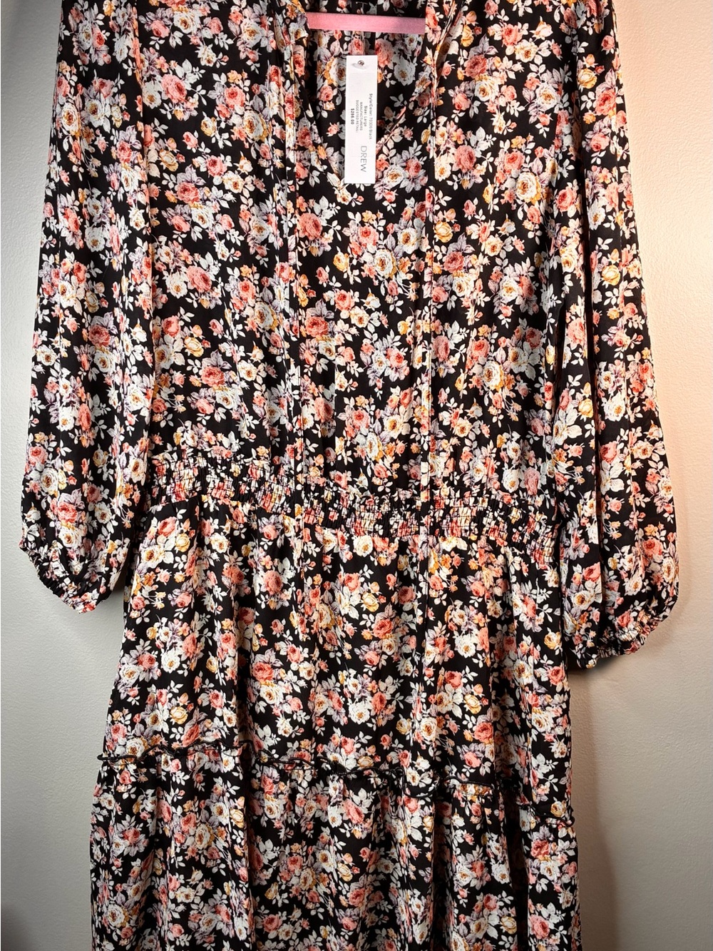 DREW Black Floral V-Neck Tiered Midi Dress